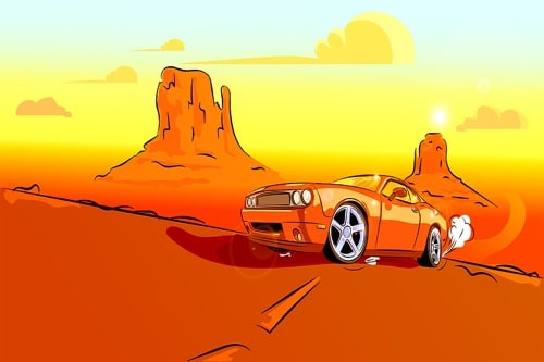 Ready for the Heat? Your Summer Car Maintenance Checklist for the Gilbert AZ heat. Ace Performance Automotive, Gilbert Az.; image of cartoon desert scene with red sports car driving on road